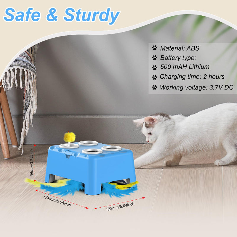 Interactive Cat Toys, 2-in-1 Automatic Cat Toy, 4 Holes Mice Whack A Mole Cat Mouse Toy with Moving Feather, Portable USB Rechargeable Electronic Kitten Toys (Blue) Blue - PawsPlanet Australia