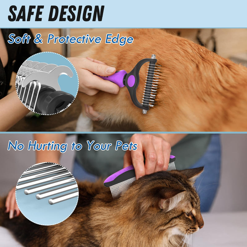 Pet Grooming Brush and Metal Comb Combo - Undercoat Rake for Dematting and Deshedding Long Matted Haired Dogs and Cats, Purple - PawsPlanet Australia