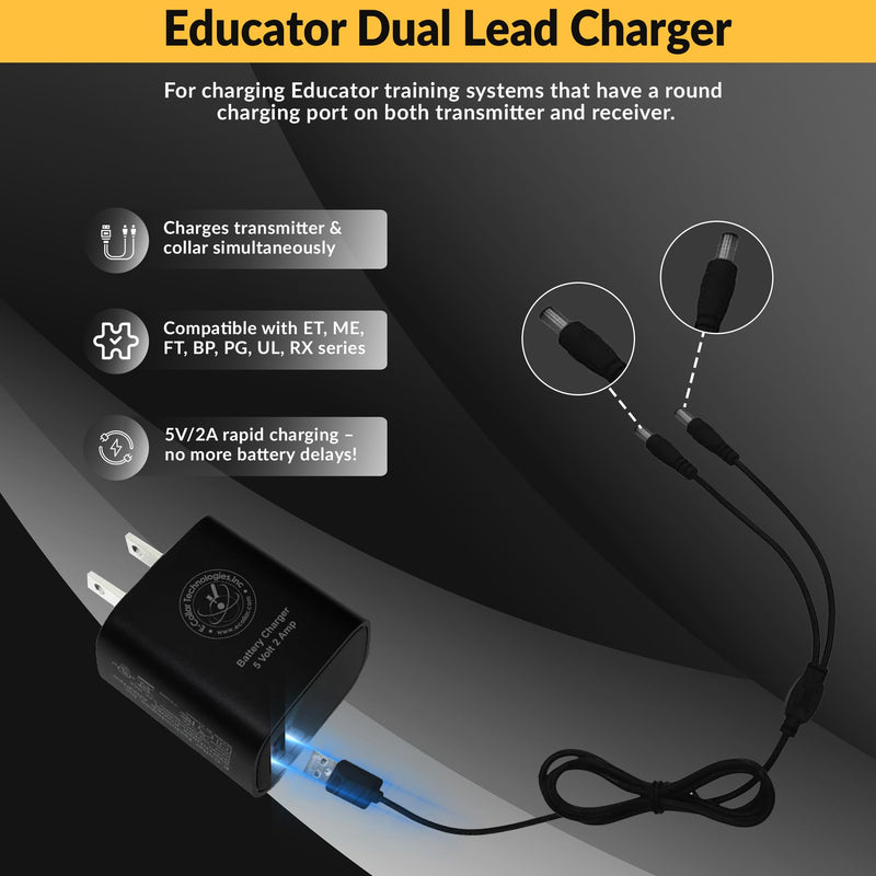 Educator Dual Lead Charger for Series ET, ME, FT, BP, PG, UL, and RX-1000 Training and Bark Collars with Round Charging Ports For ET, ME, FT, BP, PG, UL and RX-1000 Series - PawsPlanet Australia