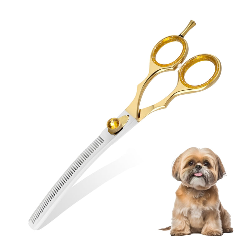 ZAVRIX Professional Dog Grooming Scissors – 7.5” Curved Thinning Shears with 34 Teeth, Pet Chunkers for Dogs & Cats, Premium 440C Stainless Steel Grooming Tools (Golden Polish Curved Thinning Scissor) Golden Polish Curved Thinning Scissor - PawsPlanet Australia