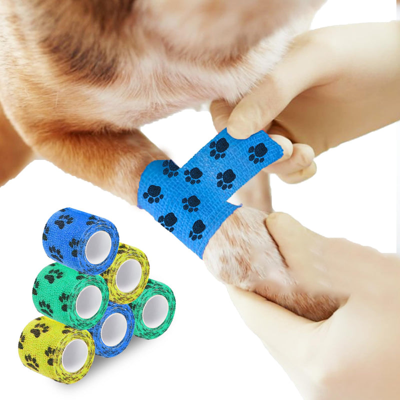 SunGrow Cat Self-Adhesive Bandage, Wound Care, Cuts, Post-Surgery, Hot Spots, 2”(W), Stretchable from 4” to 7”, Breathable Vet Wrap Gauze, 2 Rolls Per Color (Yellow, Blue, Green), 6 Pcs Per Pack - PawsPlanet Australia