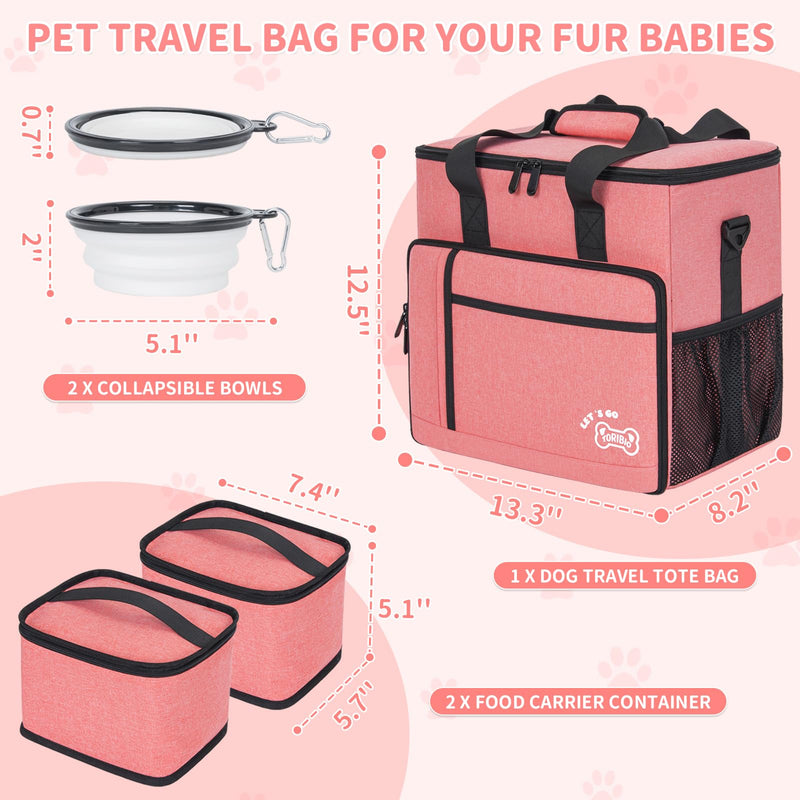 TORIBIO Dog Travel Bag,Large Pet Travel Bag for Supplies with 2 Food Container and Collapsible Bowls,Dog Travel Supplies Organizer Kit for Weekend,Road Trips,Camping Pink - PawsPlanet Australia