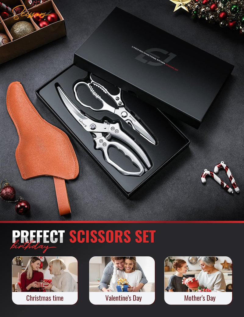 Emojoy 2-Piece Kitchen Scissors Set with Poultry Shears, Japanese Stainless Steel Kitchen Shear, All Purpose Scissor for Food, Chicken Bones, Dishwasher Safe - PawsPlanet Australia