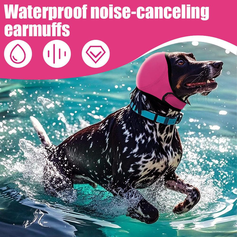 Dog Ear Defender, Waterproof Adjustable Dogs Head Cover Noise Cancelling Windproof Pet Calming Hood for Summer Bathing Water Play Protection Rose Red L