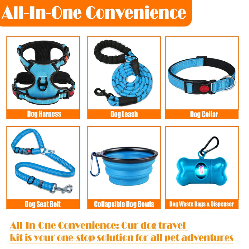 No Pull Dog Harness, Collar & Leash Set | Includes Dog Seat Belt, Collapsible Bowls & Poop Bag Dispenser. Ideal for Training, Walking, Hiking. Fits Small to Large Dogs(Blue-S) Blue - PawsPlanet Australia