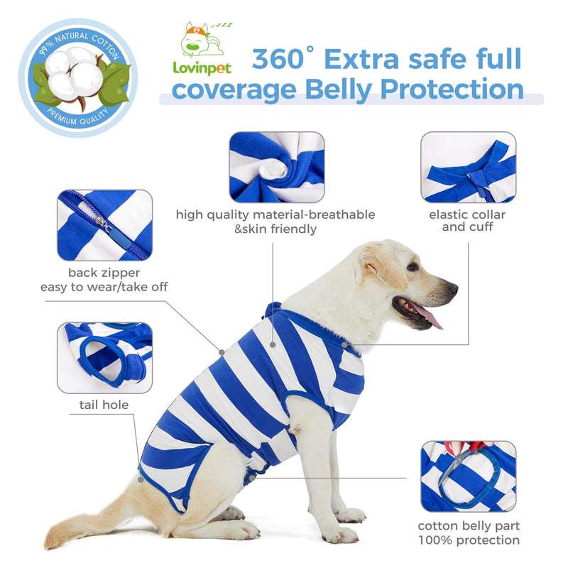 LovinPet Dog Recovery Suit for Large Medium Dogs - Bodysuit Onesie for Shedding Skin Disease Cut-Out Design of Abdomen Pet Pajamas Dog Anti Licking Snugly Suit for Abdominal Wound After Surgery,3XL 3XL Blue collar/White - PawsPlanet Australia