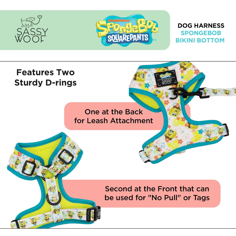 Sassy Woof Dog Adjustable Harness - Spongebob Squarepants™ Bikini Bottom - S, Breathable Mesh, No Pull Design with Two D-Rings, Perfect for Small Dogs and Puppies - Officially Licensed