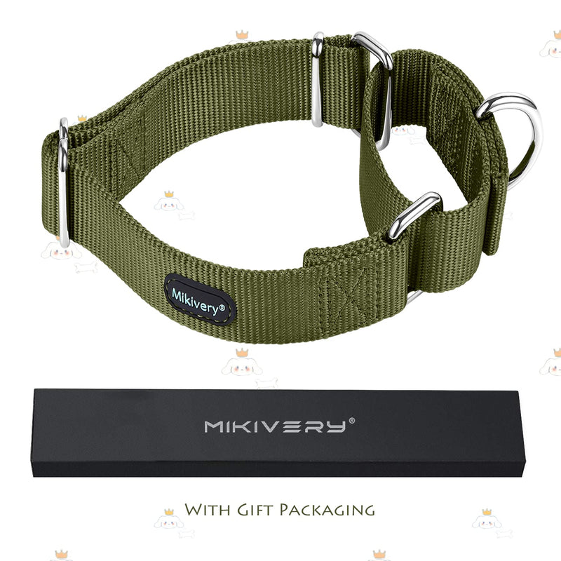 Mikivery Martingale Dog Collar Nylon Adjustable and Safety Training Colourful Comfortable Metal Buckle Pet Collars for Small Medium and Large Dogs(Military Green,L) Military Green L：17"-25" - PawsPlanet Australia