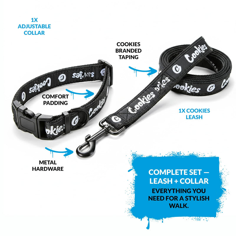 Cookies Original Logo Dog Leash & Collar Set – Adjustable Collar with Leash for Small Dogs, Heavy-Duty Metal Clip, Comfortable Fit, Stylish Dog Accessories for Walking & Training – Black, Small