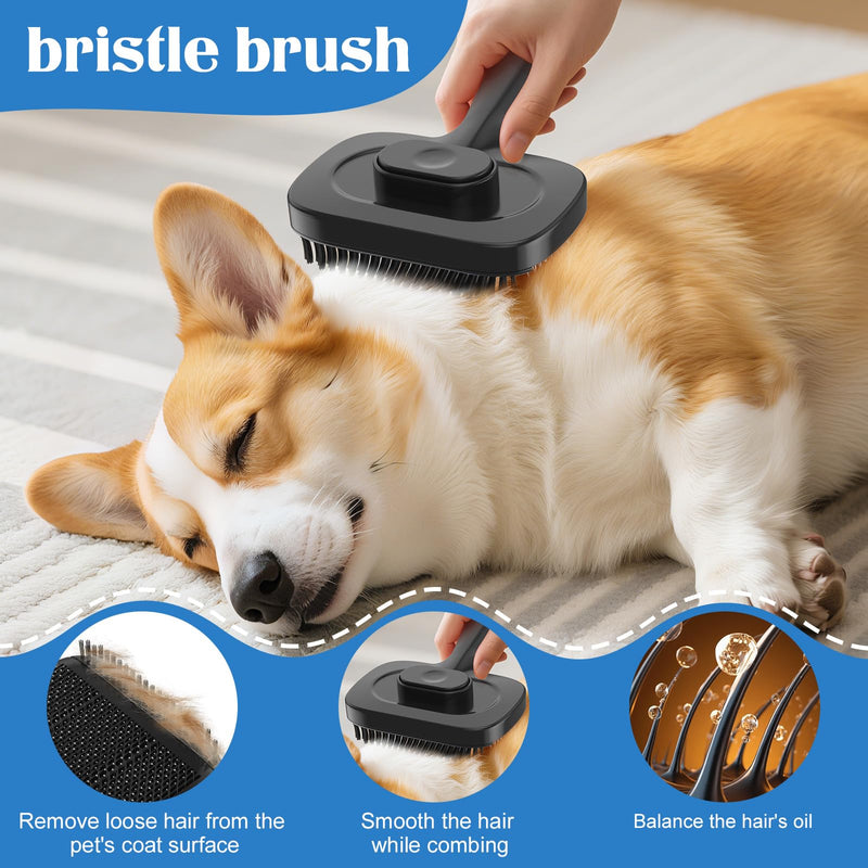 Self Cleaning Shedding Brush - Skin Friendly Grooming Tool for Dogs & Cats, Bristle Brush and Long/Short Needles Design, Deshedding and Hair Removal for Long & Short Haired Pets (Black) Black - PawsPlanet Australia