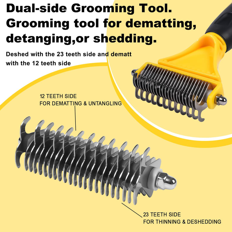 Pet Grooming Brush, Double Sided Undercoat Rake for Dogs & Cats, Professional Deshedding Brush and Dematting Tool, Safe and Effective Removing Knots, Mats, Tangles,and Flying Hair Yellow - PawsPlanet Australia