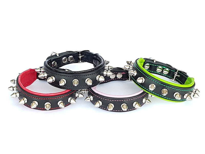 Bestia "Spiky Collar with Blunt Screw Tips. Suitable for Small Dog Breeds or Puppies. 1" Wide Soft Padded Leather Interior & Exterior Handmade in Europe! S- fits a neck of 9.8 - 11.8 inch Cushion Pink - PawsPlanet Australia