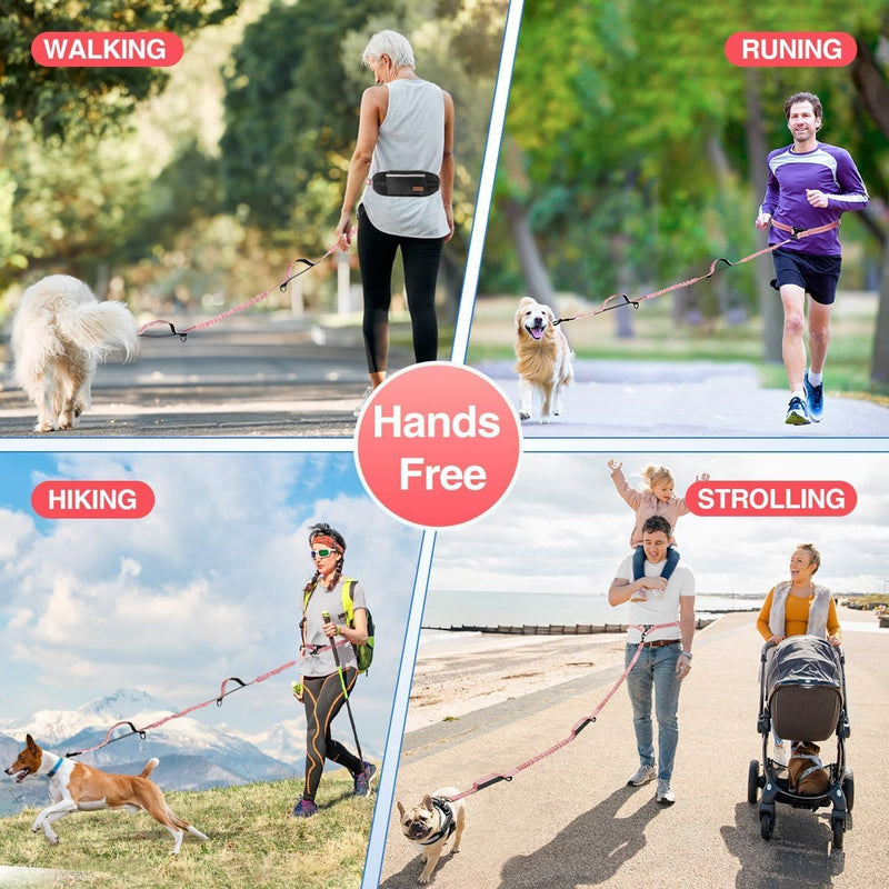 Kytely Hands Free Dog Leash with Zipper Pouch, Wide Padded Waist Dog Running Leash, Dual Padded Handles, Retractable Bungee for Walking Jogging Training Hiking Baby Pink For 1 Dog - PawsPlanet Australia