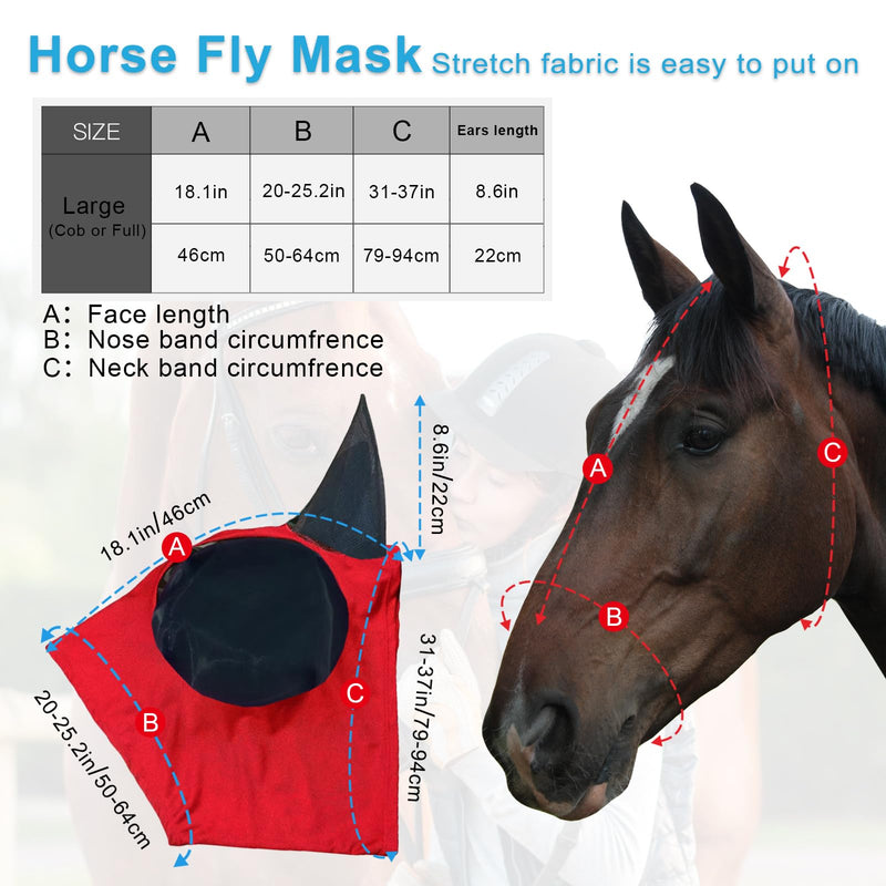 Horse Fly Mask with Ears, Comfortable Fit Stretch Fabric with UV Protection Soft on Skin Breathability for Small/Medium Size Horses (Red) Red Large (For 13.2-15.2 hand horse) - PawsPlanet Australia