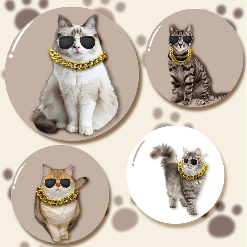 2 Pcs Gold Cat Chain Collar and Glasses Set, Adjustable Cat Cuban Link Collar with Black Glasses, Lightweight Pet Jewelry and Stylish Accessories - PawsPlanet Australia