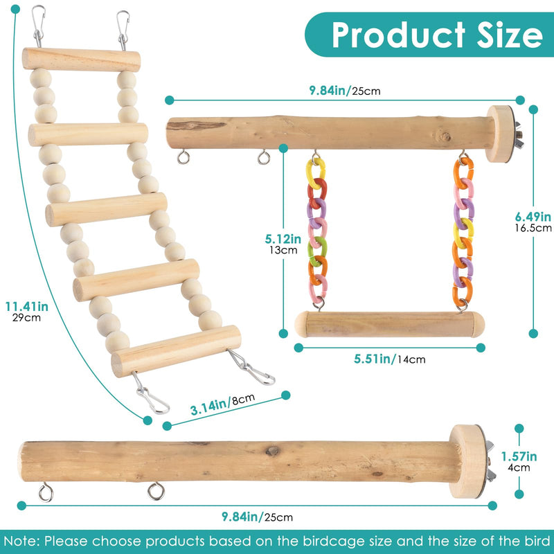 Bird Perches Ladder with Swing, Natural Wood Parrot Climbing Bridge Perch Toys, Exercise Play Stand Parakeet Cage Accessories for Budgie Cockatiel Green-Cheeked Conure Caique 4 in 1