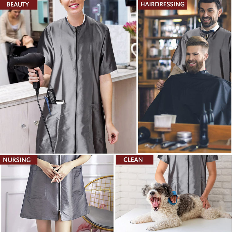 Noverlife Pet Grooming Workwear with Full Zipper, Lightweight Splash Proof Short & Long Sleeves Hair Grooming Smock Jacket X-Large Short Sleeves - Grey - PawsPlanet Australia
