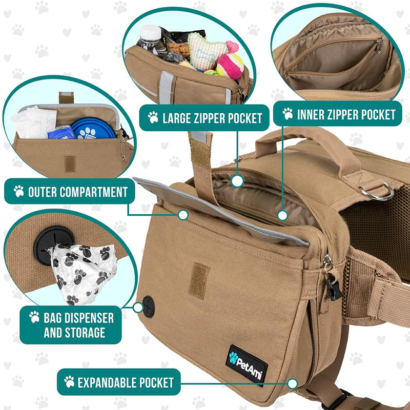 PetAmi Dog Backpack for Medium Large Dogs, Dog Saddle Bag for Dogs to Wear, Tactical Harness Saddlebag with Reflective Safety Side Pockets for Hiking, Camping, Vest Dog Pack for Travel (Tan, Medium) Tan Canvas - PawsPlanet Australia