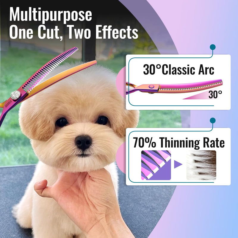 Professional Curved Chunkers Shears Dog Grooming 7.5'' Rainbow Curved Thinning Scissors for Large Dogs, 35 Teeth, Japan 440C Stainless Steel, Purple 7.5 in Curved Chunkers Rose Red - PawsPlanet Australia