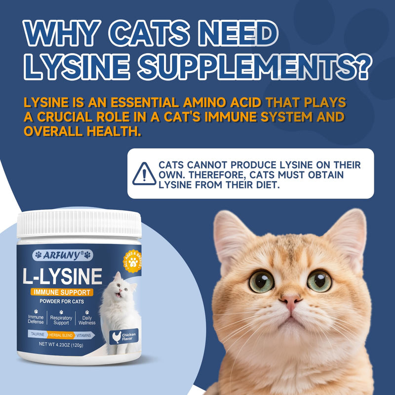 L-Lysine for Cats - Lysine for Cats - Support Immune System, Respiratory, Eye Health - Cat Lysine Powder with Taurine, Herbal Blend, Vitamins - Ease Sneezing, Runny Nose, Watery Eyes - Chicken Flavor