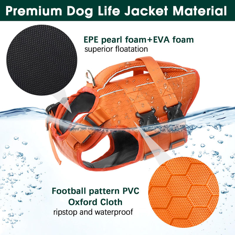 Kuoser Dog Life Jacket High Flotation, Reflective Dog Life Vest for Swimming Boating, Adjustable Small Medium Large Dog lifejacket, Lightweight Dog life Preserver Rescue Handle Spring Summer Pool X-Large (Chest Girth:25.9-33.4'') Orange