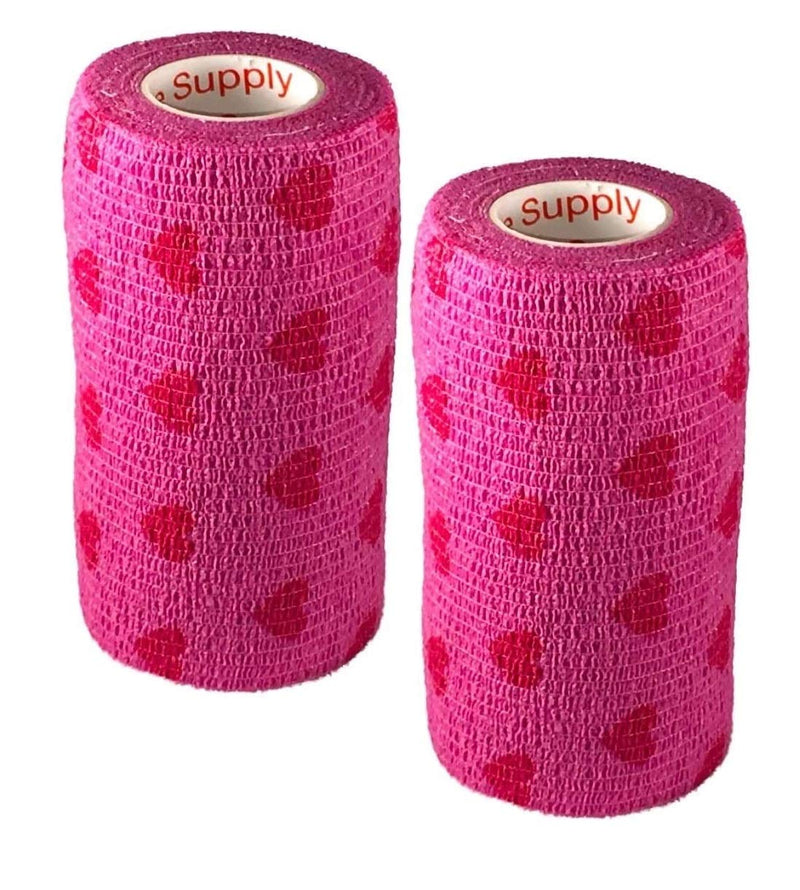 Vet Wrap Wrap Tape (Pink with Hearts) (2 Pack) (3 Inch x 15 feet) Self Adhesive Adherent Adhering Cohesive Flex Self Stick Bandage Grip Roll Dog Cat Pet Horse 2 Rolls