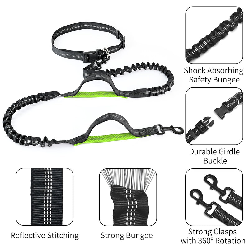 Hands Free Dog Leash with Zipper Pouch, Retractable Bungee Waist Leash with Dual Padded Handles & Waist Belt Fanny Pack for Medium & Large Dog Training Walking Running Hiking Jogging (Green) Green - PawsPlanet Australia