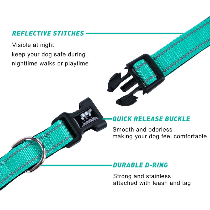 FURRYFECTION Reflective Dog Collar and Leash Set with Quick Release Buckle, Padded with Neoprene Adjustable Nylon Dog Collar for Small Medium and Large Dogs (Medium Collar+5FT Leash, Teal) Teal Collar+Leash Medium(16-20" Length,1.0" Width)