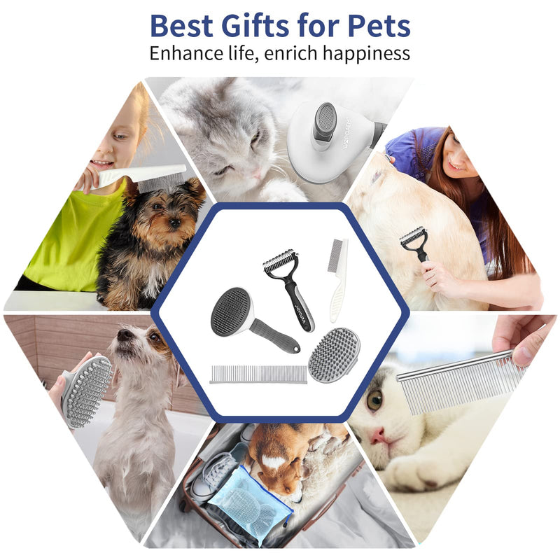 5 in 1 Dog Grooming Kit - Self-Cleaning Slicker Brush for Shedding Short Long Haired Dogs & Cats, Includes Pet Comb, Flea Comb, Bath Brush, Undercoat Rake - Complete Fur Care Set - Gray - PawsPlanet Australia