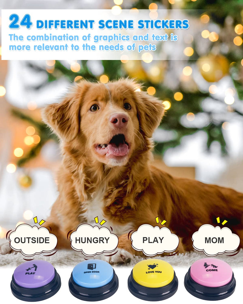 Dog Buttons for Communication, 4 Dog Talking Button Set, Speaking Buttons for Cats and Dogs, 30s Voice Recordable Pet Training Buzzer with Waterproof Dog Activity Mat and 24 Scene Stickers 4Pack - PawsPlanet Australia