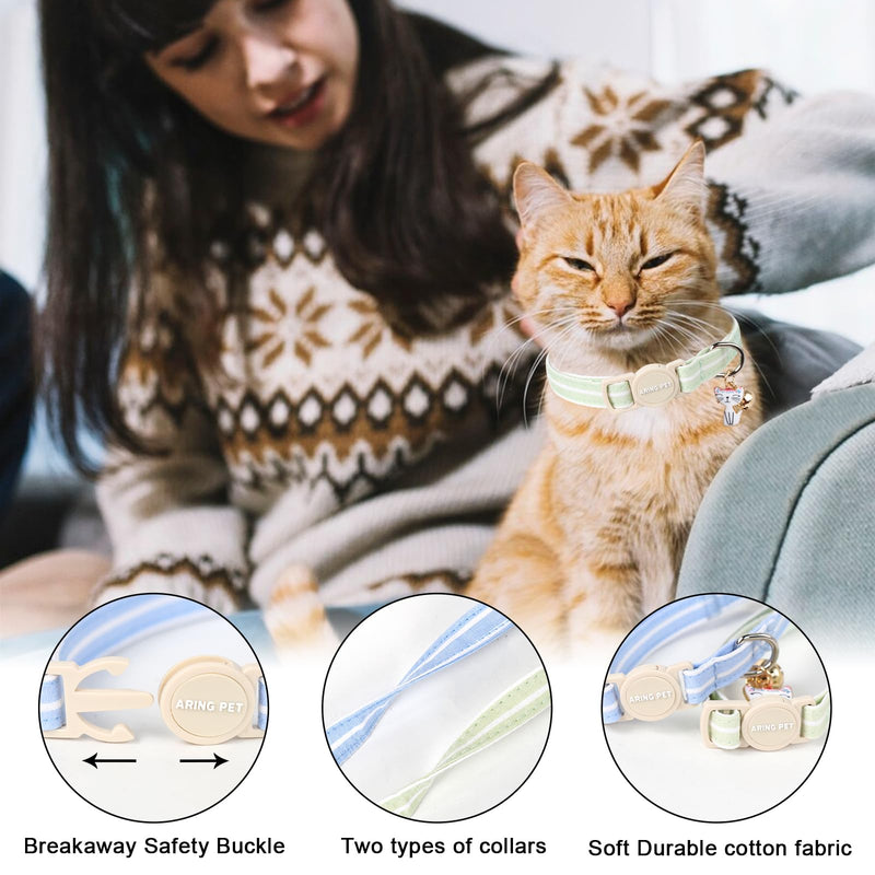ARING PET 2 Pack Cat Collar-Cute Cotton Cat Collar with Bell & Pendant, Adjustable Blue Green Striped Kitten Collars with Safety Buckle for Girl and Boy Pets blue&green striped - PawsPlanet Australia