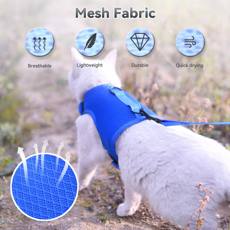 Cat Harness and Leash for Walking Escape Proof Breathable Mesh Fabric, Solid Blue, Medium, Adjustable Cat Walking Jackets, Padded Stylish Cat Vest M 5.5-9LBS Solid Blue Mesh - PawsPlanet Australia
