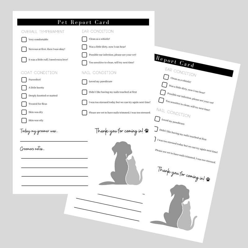 Pet Grooming Intake Forms, Consent & Release, Matted Coat Clip-Off Agreement, Pet Report Card | 50 pk, 25 of each, dbl sided | 8.5x11” Groomer Signature Client Grooming Tips Black and White Minimalist - PawsPlanet Australia