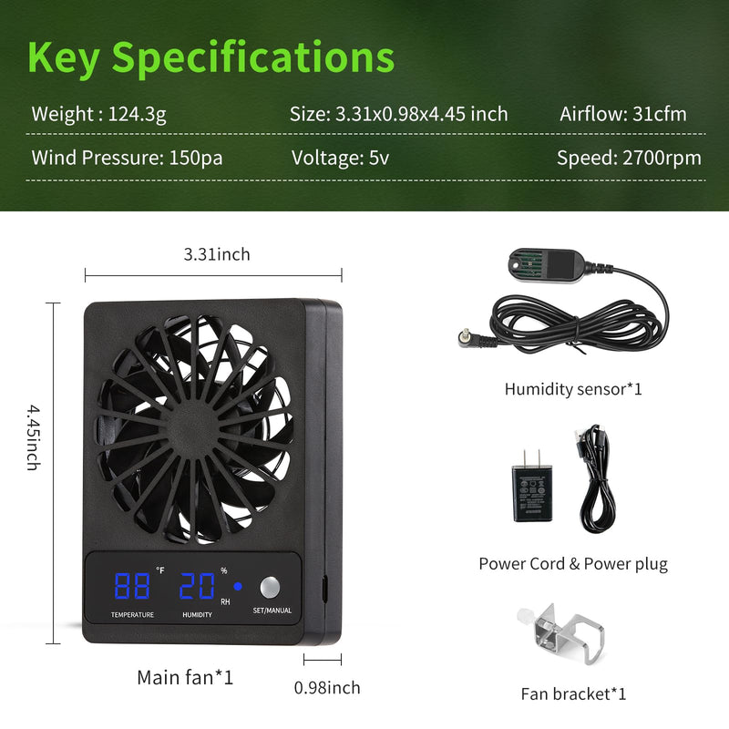 Reptile Tank Fan with Thermometer & Hygrometer | LED Display, Auto Ventilation for Enclosures & Terrariums - PawsPlanet Australia