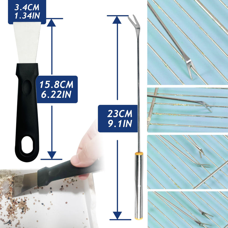 Upgrade 6PCS Cage Cleaner Set,2-in-1 Stainless Steel Pet Cage Brush,Bird Poop Remover,Scraper Tool with Long Handle,Small Animals House Cleaning Accessories,Mini Dustpan and Broom Set (6PCS) - PawsPlanet Australia