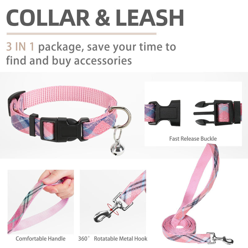 PUPTECK Dog Harness Small Dog with Collar and Lead Set Step-in No Pull Puppy Cat Harnesses for Daily Walking S: Chest girth: 36.8-40.6cm Collar: 20-30cm Pink (Plaid)