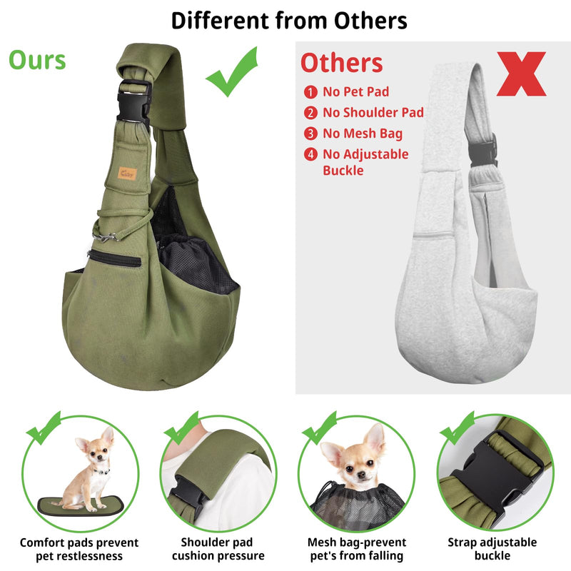 CUBY Puppy Carrier, Adjustable Reversible Cat Dog Sling Carrier for Small Medium Dogs Hands-free Puppy Sling Protect Shoulder Strap with Safety Belt Zipper Pocket Bottom Mat Military Green