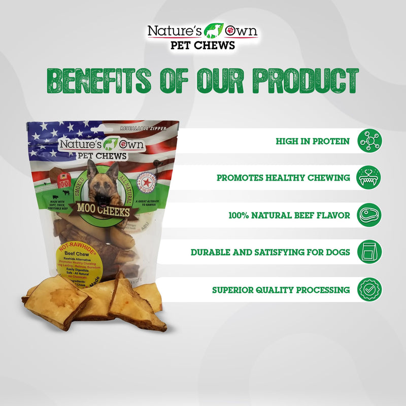 Nature's Own Pet Chews Pet Chews Smoked Moo Moo Cheeks 8 oz - Nature's Own Pet Chews Bag Treat - 100% Natural Made with Soft, Thick, Digestable Beef - Pack of 2