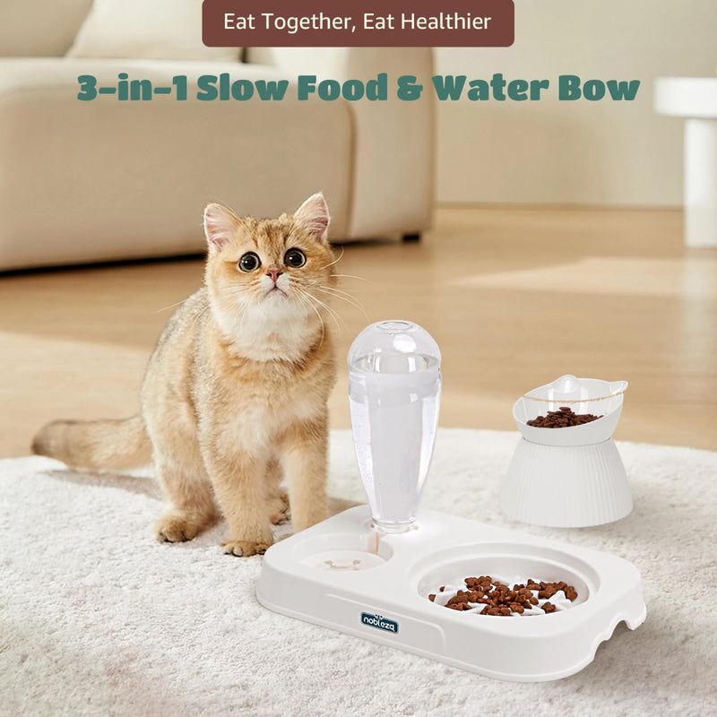 Nobleza 3-in-1 Slow Pet Feeder Bowl Bottle Set, Automatic Pet Dispenser Treat Food & Water Bowl with 15° No Spill Tilted Raised Bowl for Cat Dog Small Medium Pet Kitten Puppy Bunny Healthy Food Water - PawsPlanet Australia