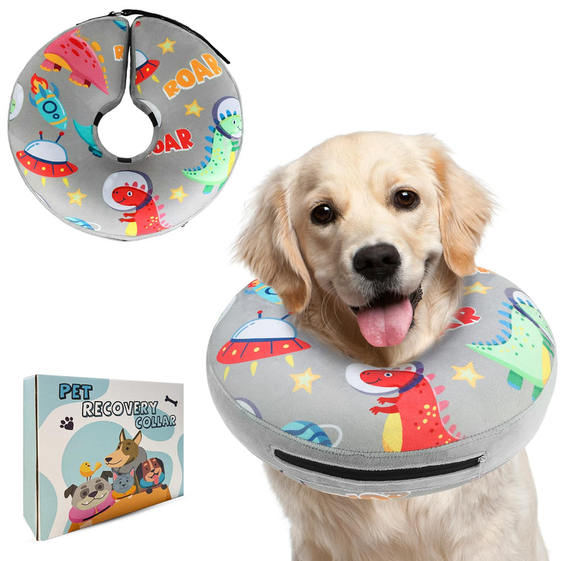 PAWCHIE Inflatable Dog Cone Collar Alternative, Soft Dog Cone for Medium to Large Dogs After Surgery, Adjustable Neck Recovery E-Collars Donut Collar with Cute Dinosaur Prints, Grey L L(Neck:16"-18")
