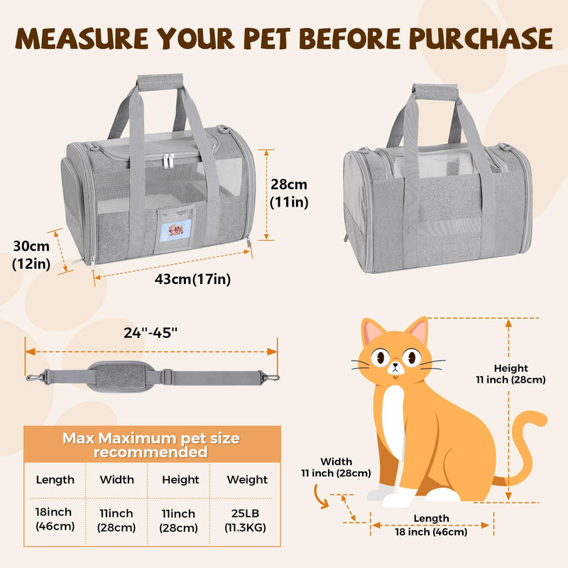 Cat Carrier, Dog Carrier for Small Dog Medium Cats,Pet Travel Bag Puppies up to 15 Lbs,TSA Airline Approved Cat Carrier Soft Grey - PawsPlanet Australia