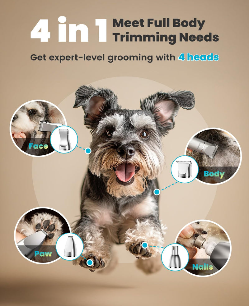 oneisall Dog Clippers Grooming Kit 4 in1,Low Noise Dog Paw Trimmer,Cordless Quiet Pet Shaver Trimmer Nail Grinder for Dogs and Cats