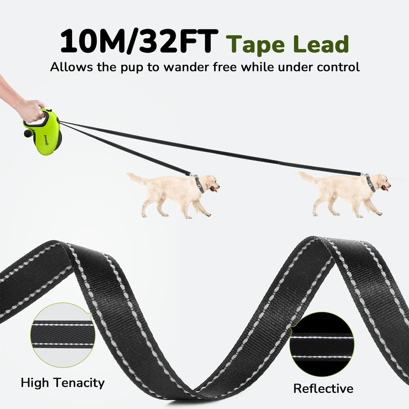 Pecute Retractable Dog Leash with Poo Bag Holder, 10m/32ft Extended dog Leash with 360° Tangle-Free, Anti-Slip Handle and Quick Brake Button, Suitable for Dogs Up to 110lbs/50kg in Weight Green 10 m | Max 50 kg