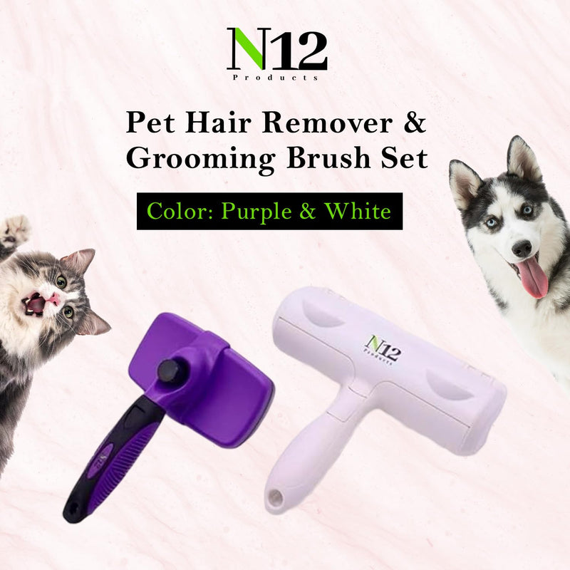 N12 Cat, Dog Hair Remover/Lint Roller and Grooming Hair Bush Combo – Pet Fur Remover for Couch, Furniture, Carpet, Car Seat & Self-Cleaning Slicker Grooming Brush with Long Pins for Shedding - PawsPlanet Australia