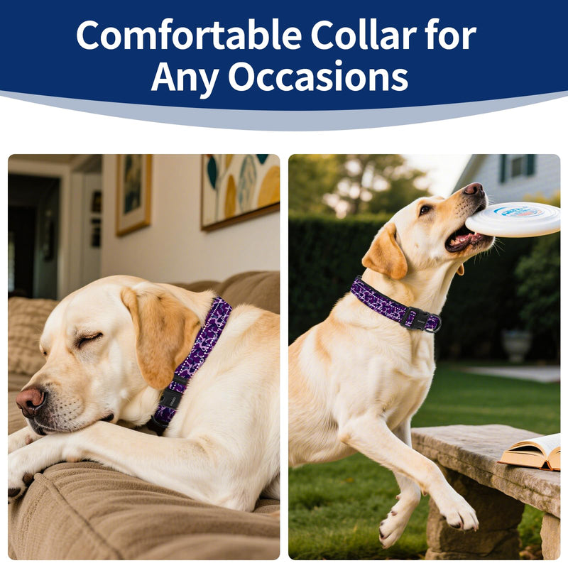 Kazazoo Reflective Dog Collar with Soft Padding Dog Collar for Large Dogs, Reflective Wide Nylon Adjustable Collar with Soft Padding, Durable Buckle for Pitbull Labrador Retriever,Girl Purple camo-L L