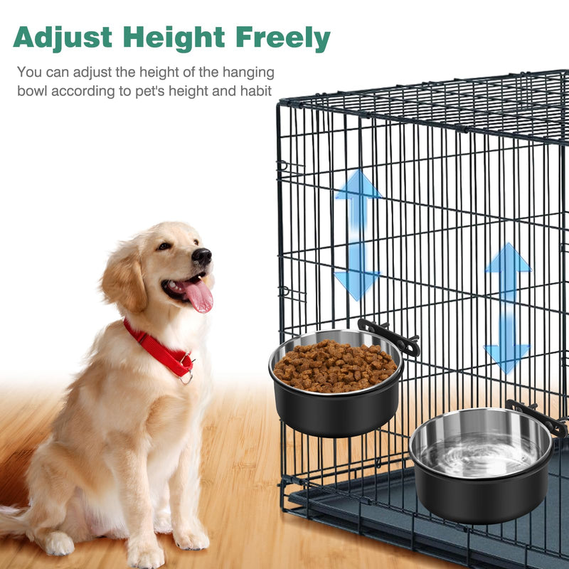 Dog Crate Water Bowl No Spill, 2 Pack Dog Crate Bowls Hanging, Kennel Water Food Bowls Mountable, Pet Cage Accessories Feeder Dish, Stainless Steel Coop Cup for Cat Puppy Bunny Guinea Pig Ferret Bird M(6.3*2.6'' & 5.5*2.4'') Black