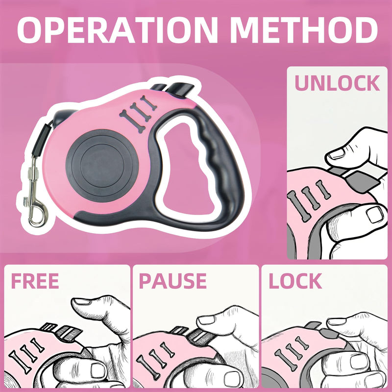 Retractable Dog Leash 10FT Sturdy, Easy to Operate, Ideal for Daily Walks, with Folding Bowl, Dispenser, Rubbish Bags, Fur Memorial Keychain, Great for Small and Medium Dogs(Pink) Pink - PawsPlanet Australia
