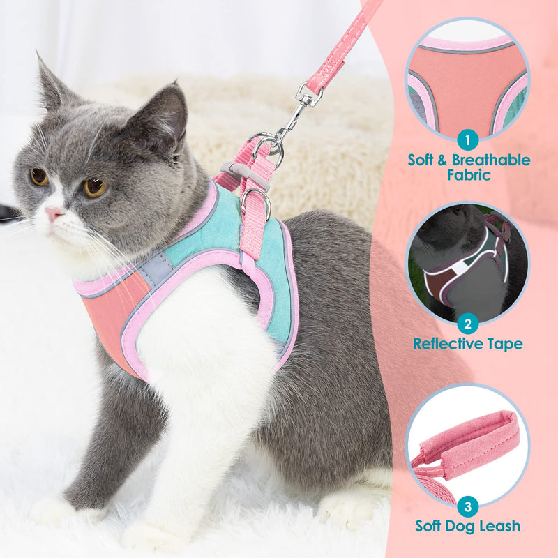 Cat Harness and Lead Set for Walking, Adjustable Soft Sturdy Faux Suede Escape Proof Kitten Vest Harness and leash with Reflective Strip for Large Medium Small Cats(L) L(Chest 40-42 cm) Green & Pink