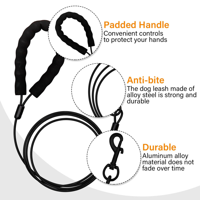 Stainless Steel Water and Chew Proof Dog Leash with Hooks for Large, Medium and Small Dogs 6FT Wire Alloys Camping with Soft Handle(Black) 6 Feet Black - PawsPlanet Australia