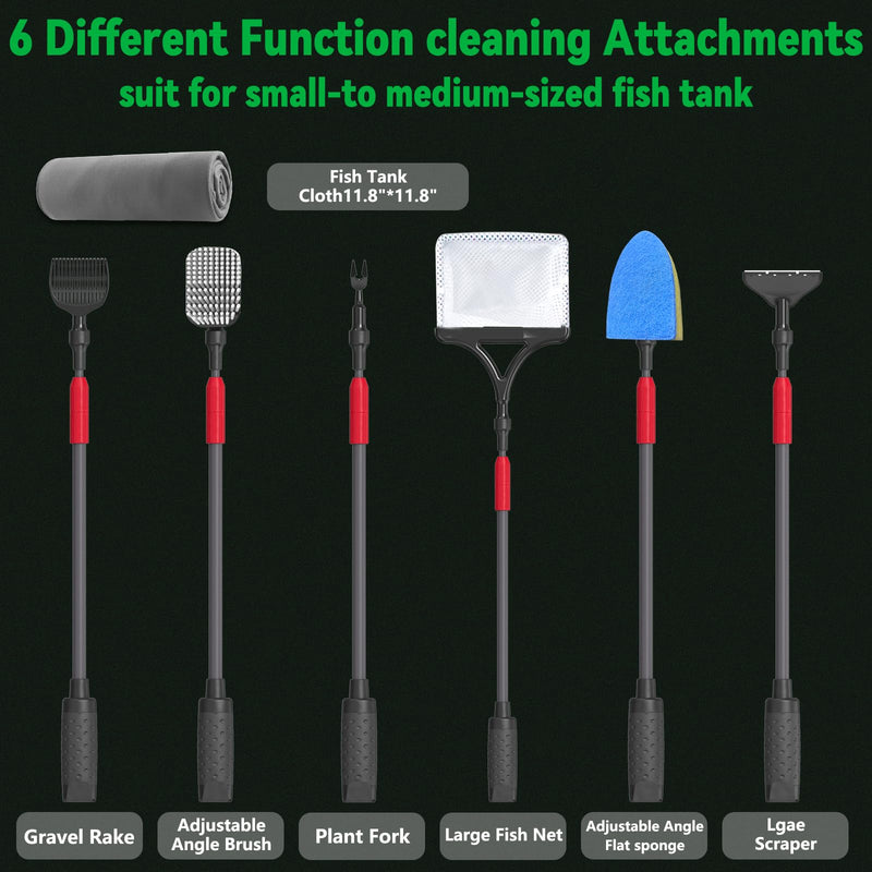 Aquarium Clean Tool 6 in 1 Fish Tank Cleaning Kit, Multi-Use Fish Tank Cleaner Brush, Algae Scraper Scrubber Pad Adjustable Long Handle Fish Tank Brush for 20-160 Gallon Acrylic & Glass Tank - PawsPlanet Australia